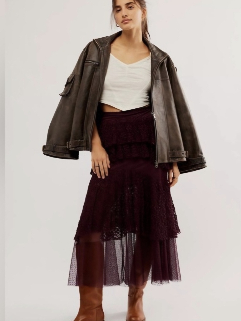 Free People Tiered Lace Midi Skirt in Plum